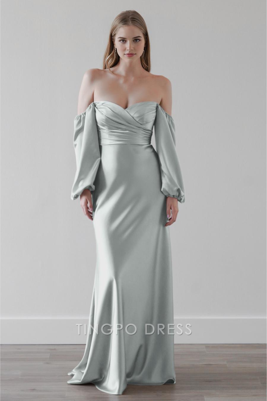 TingPo Wholesale Elegant Strapless one shoulder cinched waistband sleeve floor length dance dress formal women's dress